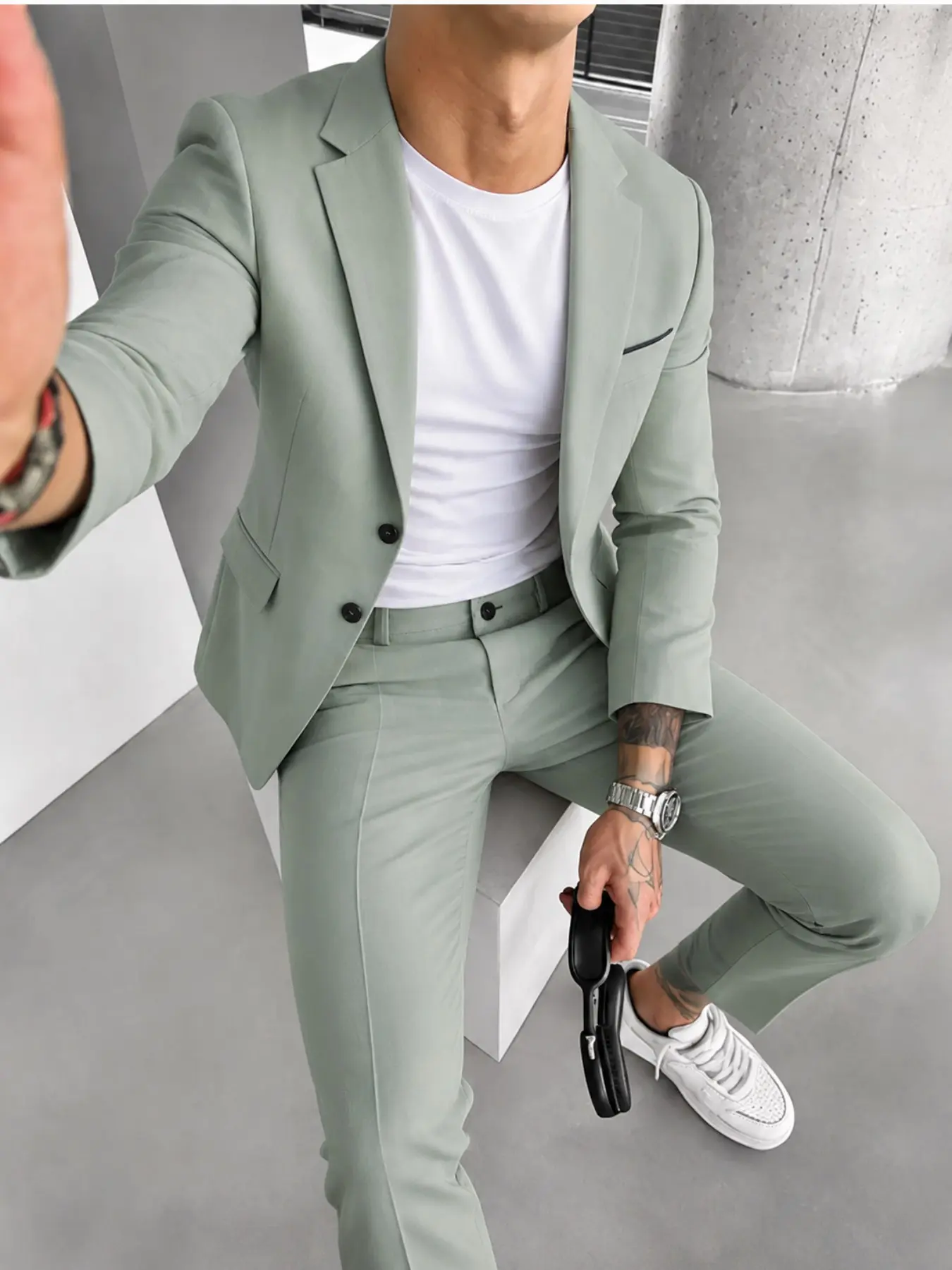 Men's Sage Slim Fit Suit Set, Premium Textured Polyester Blazer and Pants, Modern Gentlemen Style for Weddings, Parties, Dates