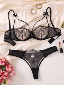European Style Lacy Lace Sensual Underwear Set, Sheer Mesh Embroidered Push-Up Bra, Adjustable Strap Garter Panties, Sexy Date Night Lingerie