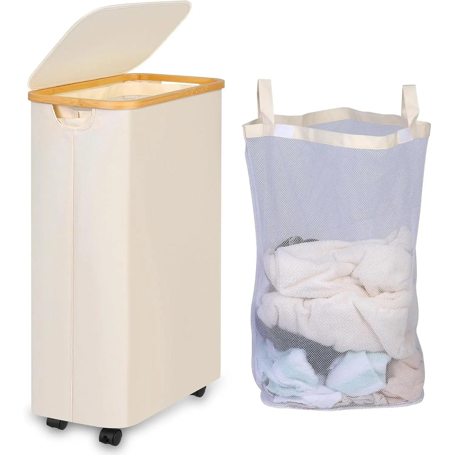Laundry Hamper with Lid, 75L Hamper with Wheels & Removable Bag, Slim Laundry Basket on Wheels with Bamboo Frame, Collapsible Rolling Clothes Hamper for Bedroom Dorm, BeigeGift.