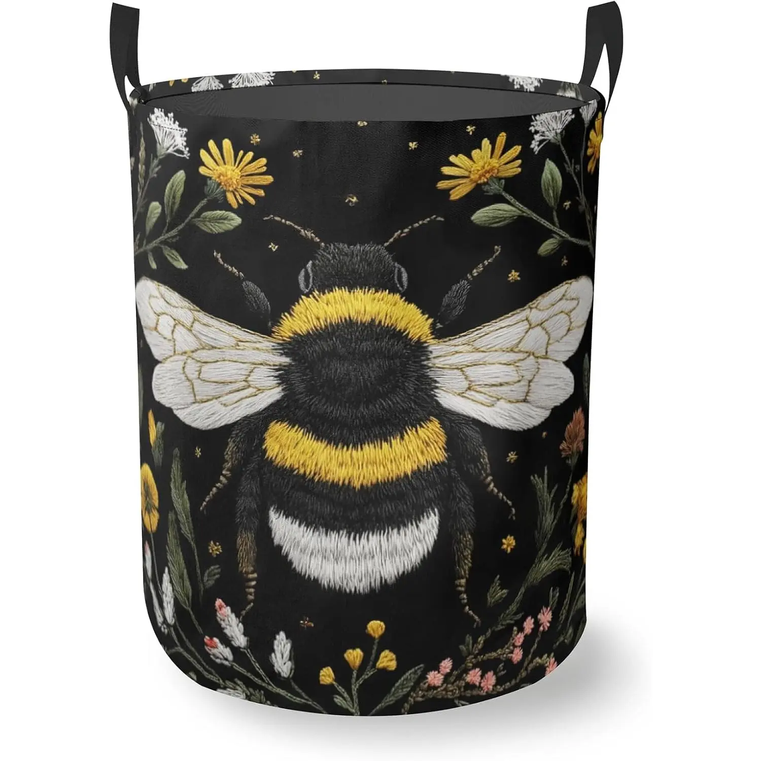 Bee Flowers Laundry Basket With Handles Tote Bag Oxford Cloth Funny Laundry Hamper Clothes Storage Bucket Toy Organizer 16" X 20.8"For Bathroom/Laundry/Bedroom