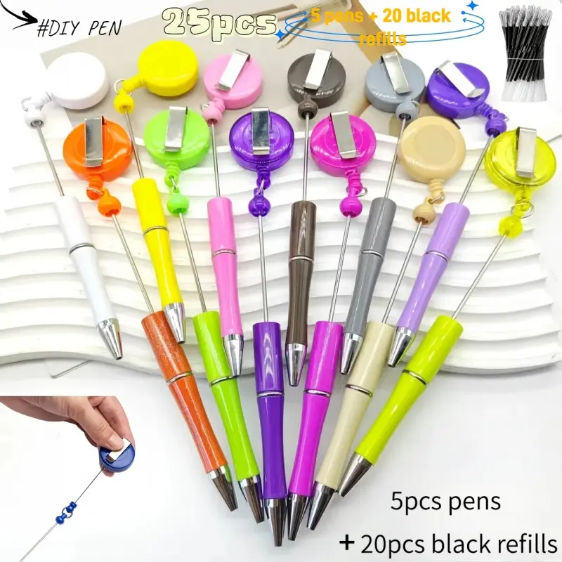 25pcs easy to pull button bead pens. Suitable for people who need a pen on their clothes. DIY, stretchable ballpoint pen. Medical staff, teachers, and white-collar office workers are equipped with portable hanging black ink ballpoint pens.