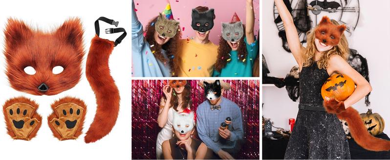 GJ-L-GCS067  Faux Fur Cat Fox Mask Tail and Paw Set, Wolf Furry Suit Plush Therian Accessories Kit