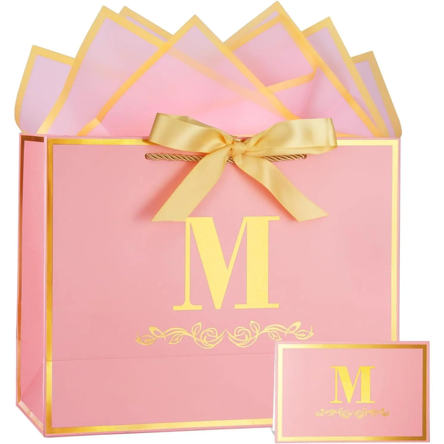Initial Birthday Gift Bag with Card and Tissue Paper for Women/ Her, 13" Large Pink Gold Personalized Alphabet Bow Bag, Birthday Decorations for Women, Bridal Party Paper Bags for Gifts Wrapping