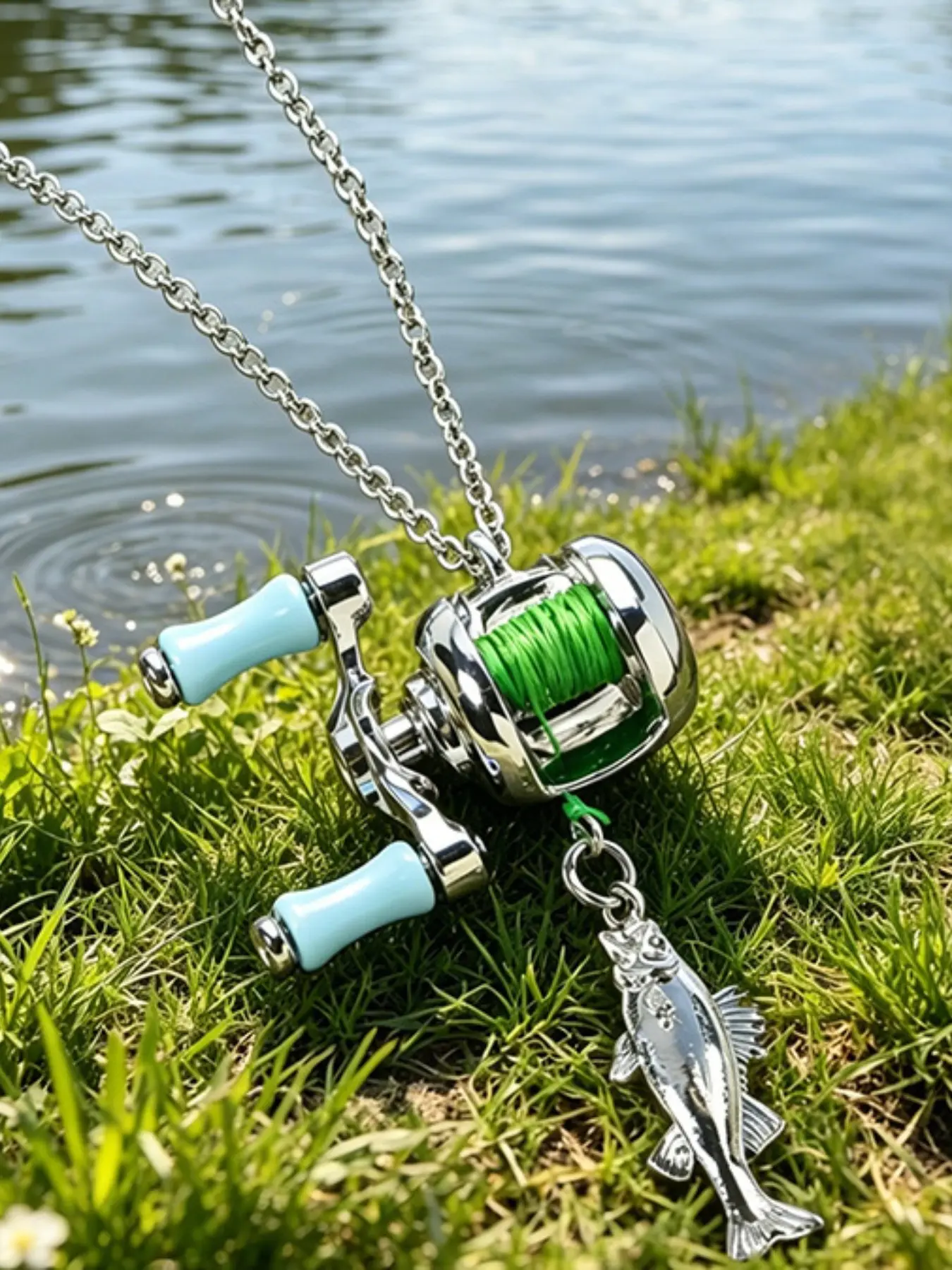 🎣 The most satisfying chain necklace ever with plain pattern! This fishing reel design actually spins perfectly 🌀 #fishingjewelry #spinnablependant #noveltyjewelry