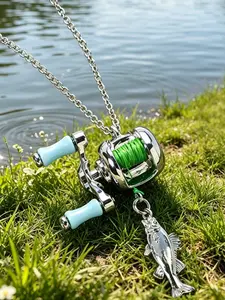 🎣 The most satisfying necklace ever! This fishing reel actually spins perfectly 🌀 #fishingjewelry #spinnablependant #noveltyjewelry