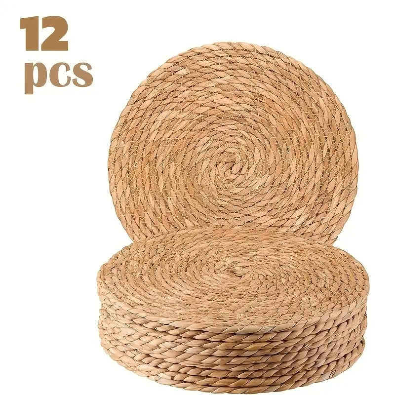 12 Piece Natural Rattan Table Mats, Heat Resistant Non-Slip Round Woven Boho Placemats Set, 11.8 Inch Boho Style, Kitchen & Dining, Holiday Decor