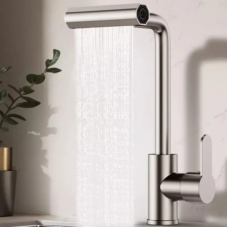 Waterfall Kitchen Faucet Stainless Steel, 360° Rotating Spray Head, Hot and Cold Water Sink Mixer, Modern Kitchen Faucet Design