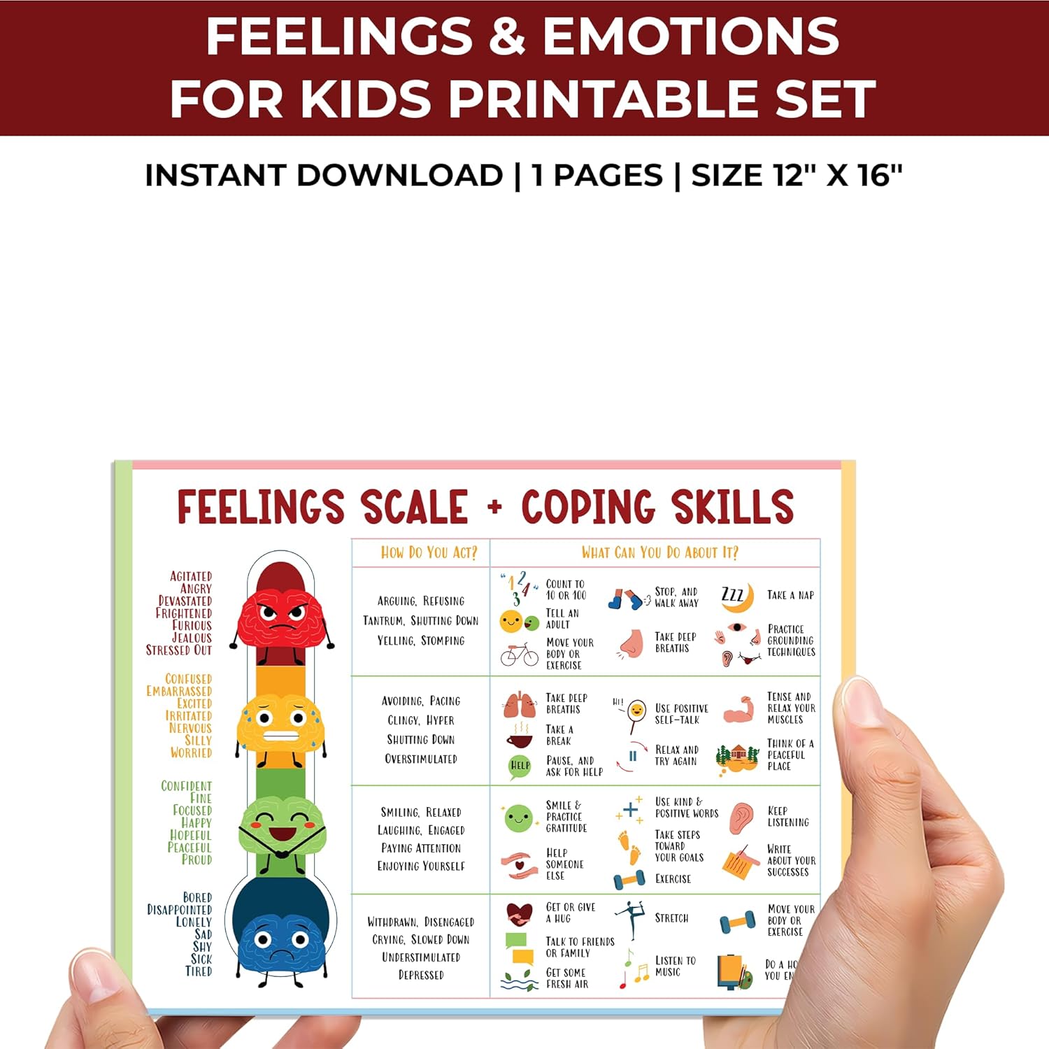 Feelings Chart for , Coping Skills Emotions Chart Poster, Calm Down ...