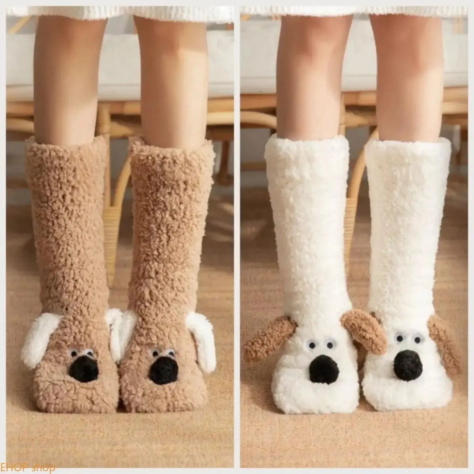 Cute Cartoon Animal Face Coral Fleece Mid-Calf Wrap Socks - Stretchy Polyester Fabric, Soft, Fluffy, Warm, Anti-Slip Silicone, Elastic Cuff, Breathable, One Size Fits All, Indoor Lounge Fashion Accessory