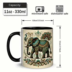 1 11Oz Retro Gorgeous Elephant Ceramic Mug - Exquisite Flower Peacock Pattern Coffee Teacup, Unique Gift, Perfect for Elephant Enthusiasts and Art Enthusiasts, Suitable for Home Office Daily Use Birthday Gift, Daily Use