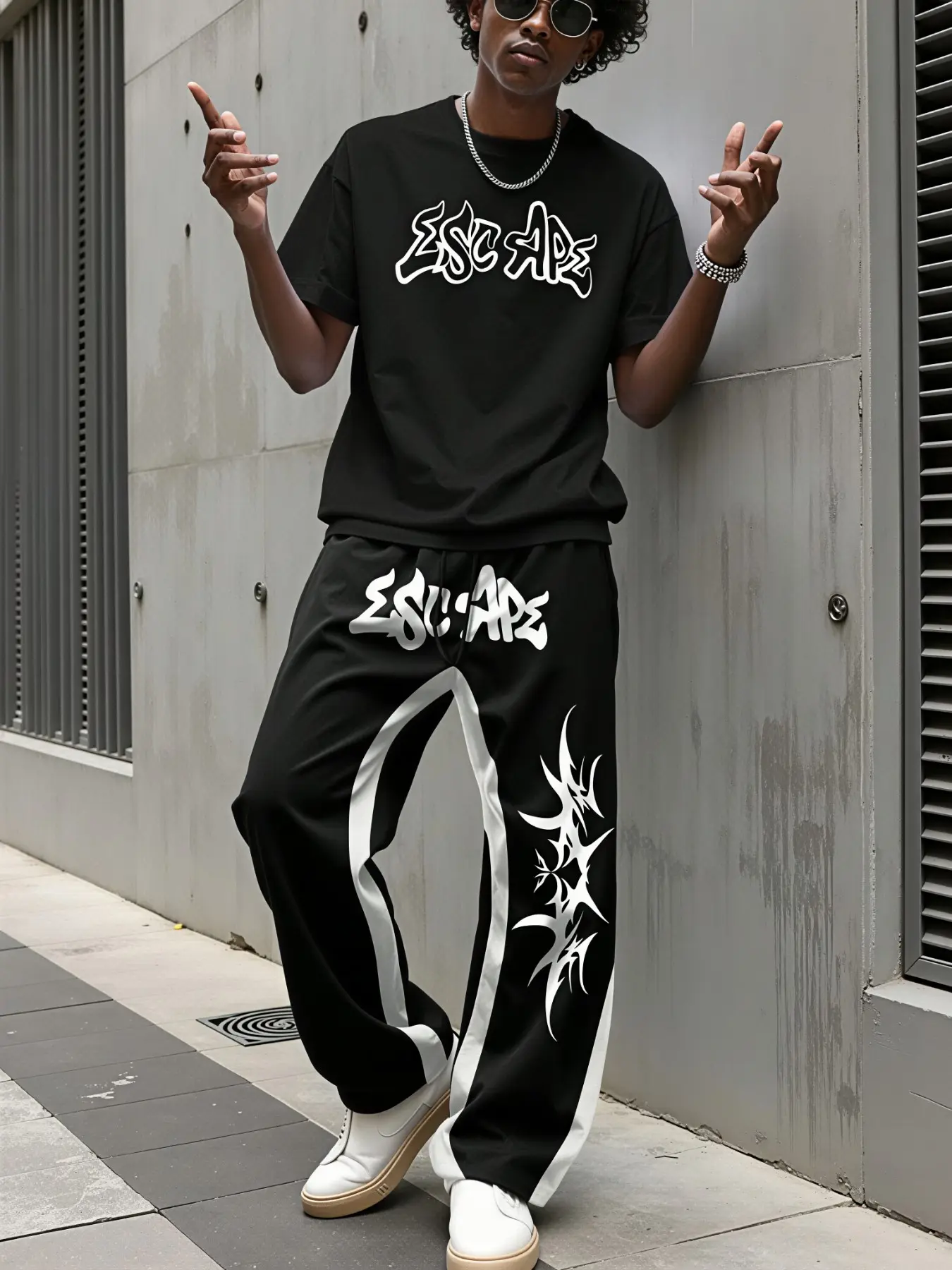 Los Angeles Street Hip Hop ESCAPE Graffiti Print Matching Set Soft Lightweight Stretch Breathable Skin Friendly Tee Cutout Side Stripe Skate Cargo Pants Skate Daily Commute Outfit