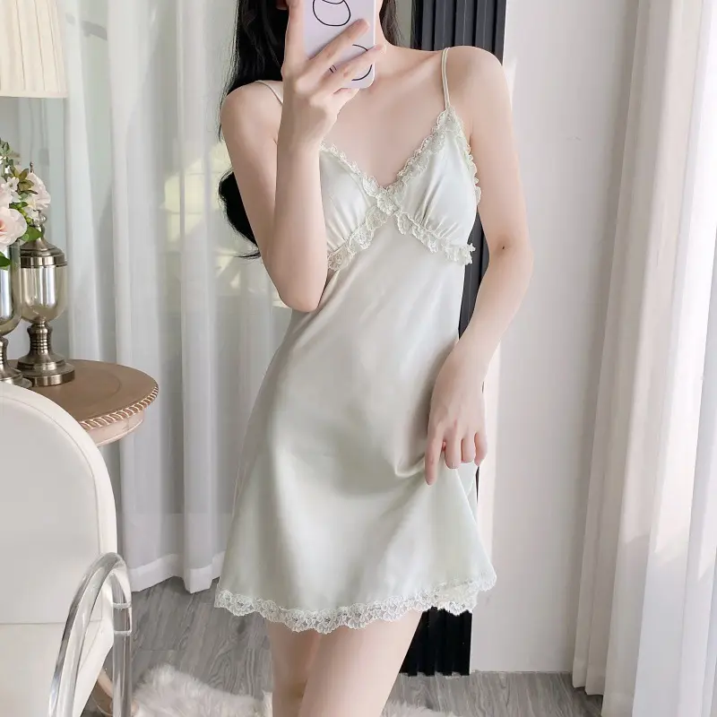 Women's Summer Ice Silk Nightdress Set - Loose Pure Style, French Lace Suspender Design, Built-In Chest Pad, Sexy Sleepwear for Loungewear