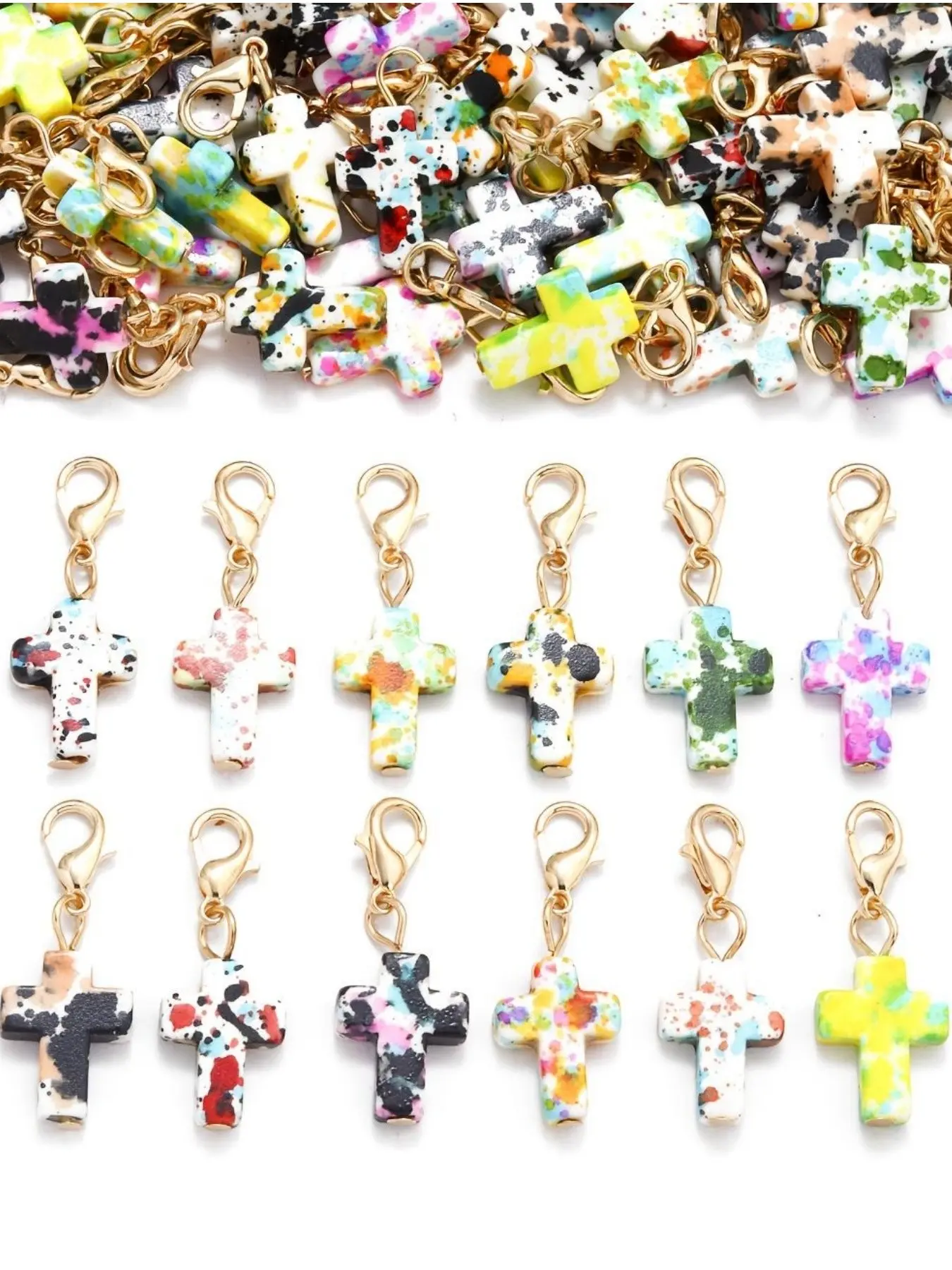 50pcs Cross Natural Stone Pendants with Lobster Clasp, Ideal for Keychains, Keychain Charms, Cute All over Print Design