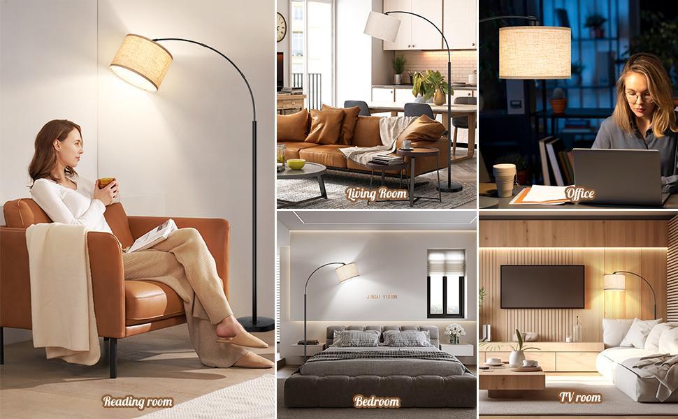 79'' Arc Floor Lamps for Living Room, Modern Standing Lamp with Adjustable Hanging Drum Shade, Black Tall Pole Lamp with Weighted Base & Edison E26 Socket, Corner Light for Reading Bedroom Office