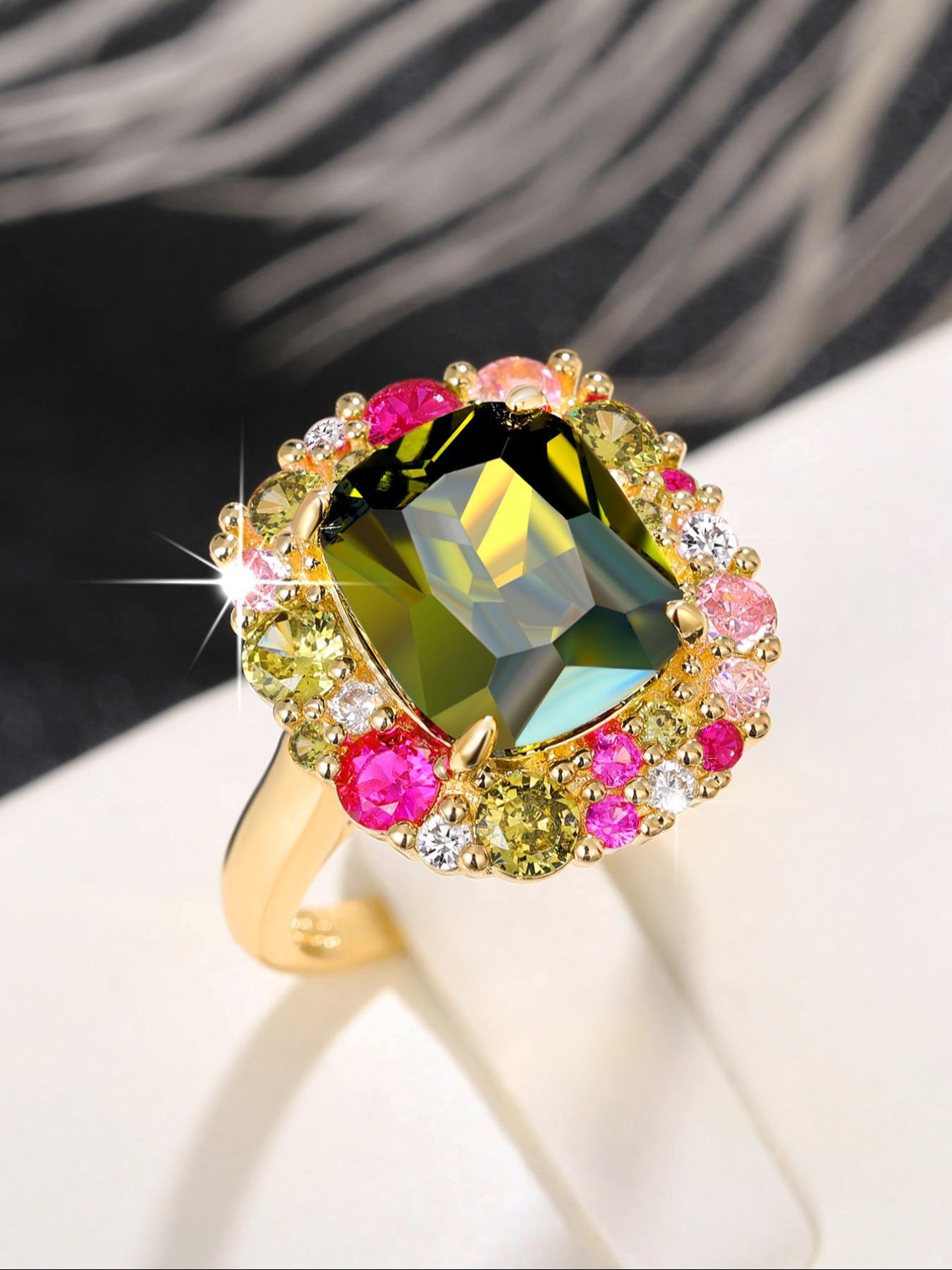 Artificial Zirconia Ring, Elegant Colorful Rhinestone Decorated Ring for Women for Party, Daily Clothing Decor, Trendy & Exquisite Wedding Party Jewelry Gift