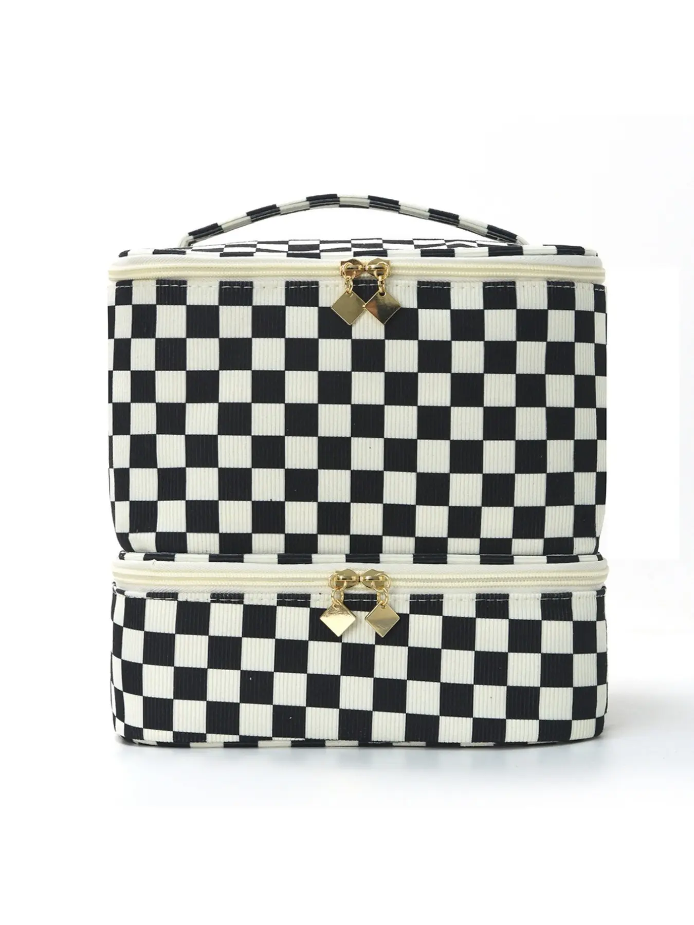 Velvet Two-Layer Makeup Bag, Checkerboard Nail Polish Organizer, Large Capacity Manicure Tool Kit, Casual Solid Pattern, All Seasons Storage Bag