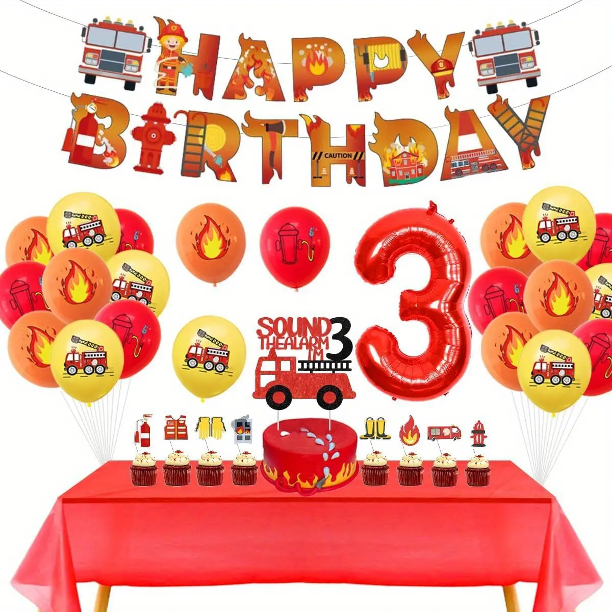 1Set Fire Truck 3anniversary Birthday Decorations Firemen Firefighter Party Supplies with Sound the Alarm Im 3 Cake Topper Happy Birthday Banner Fire Truck Balloons Tablecloth Fire Engine Decor Boy