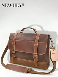 Men's Messenger Bag 15.6 Inch, Waterproof Vintage Genuine Leather, Waxed Canvas Briefcase, Large Satchel, Rugged Leather Laptop Bag