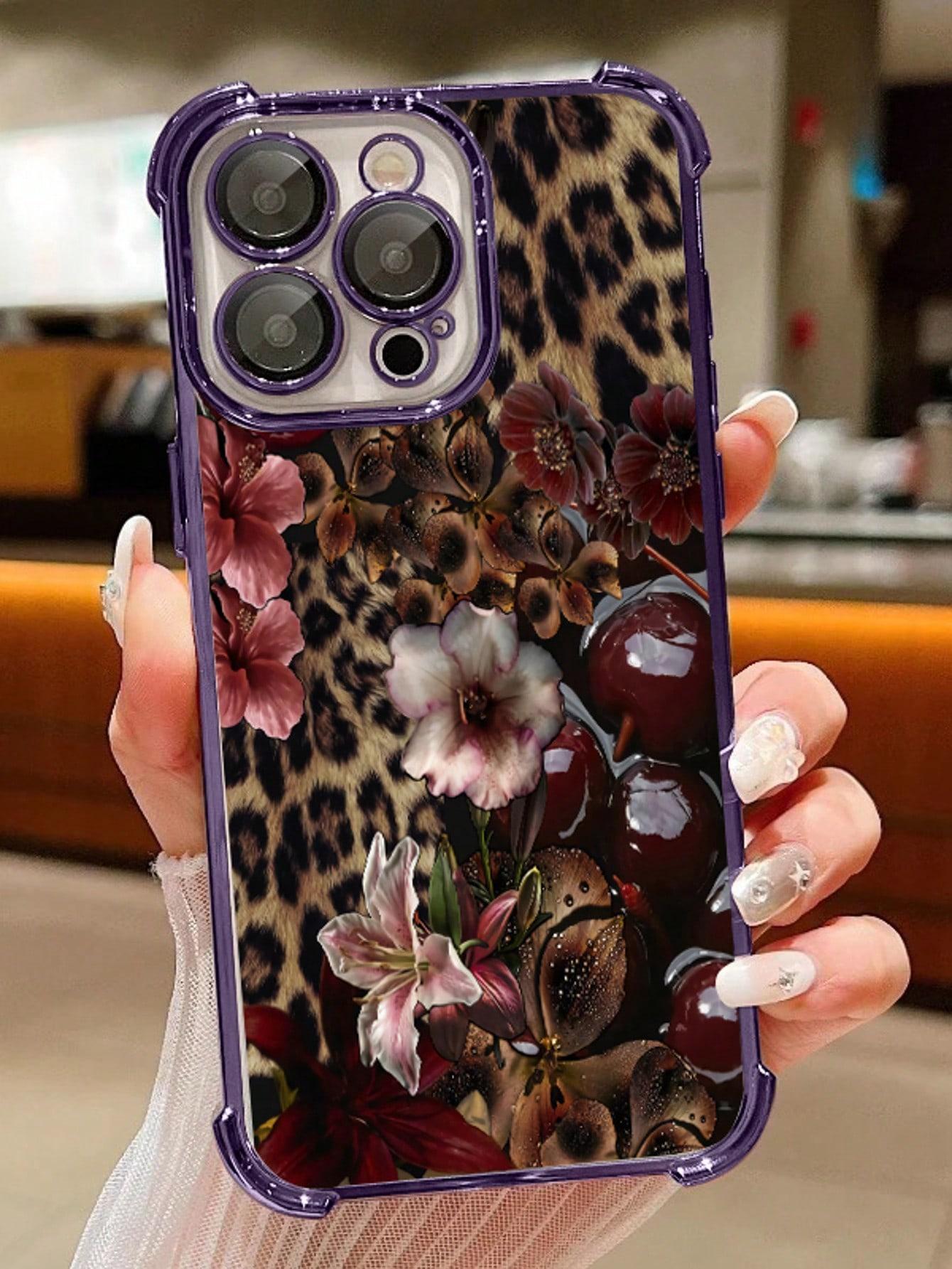 1pc Leopard Cherry Flowers Compatible With Apple Phone17/16/15/14/13/12/11/ProMax/Pro/Plus/Xs Max/XS/X,Four Corner Anti Fall Transparent Soft Shell Anti-Slip, Anti-Drop, Camera Lens Protection, Silicone Anti Wear Phone Case