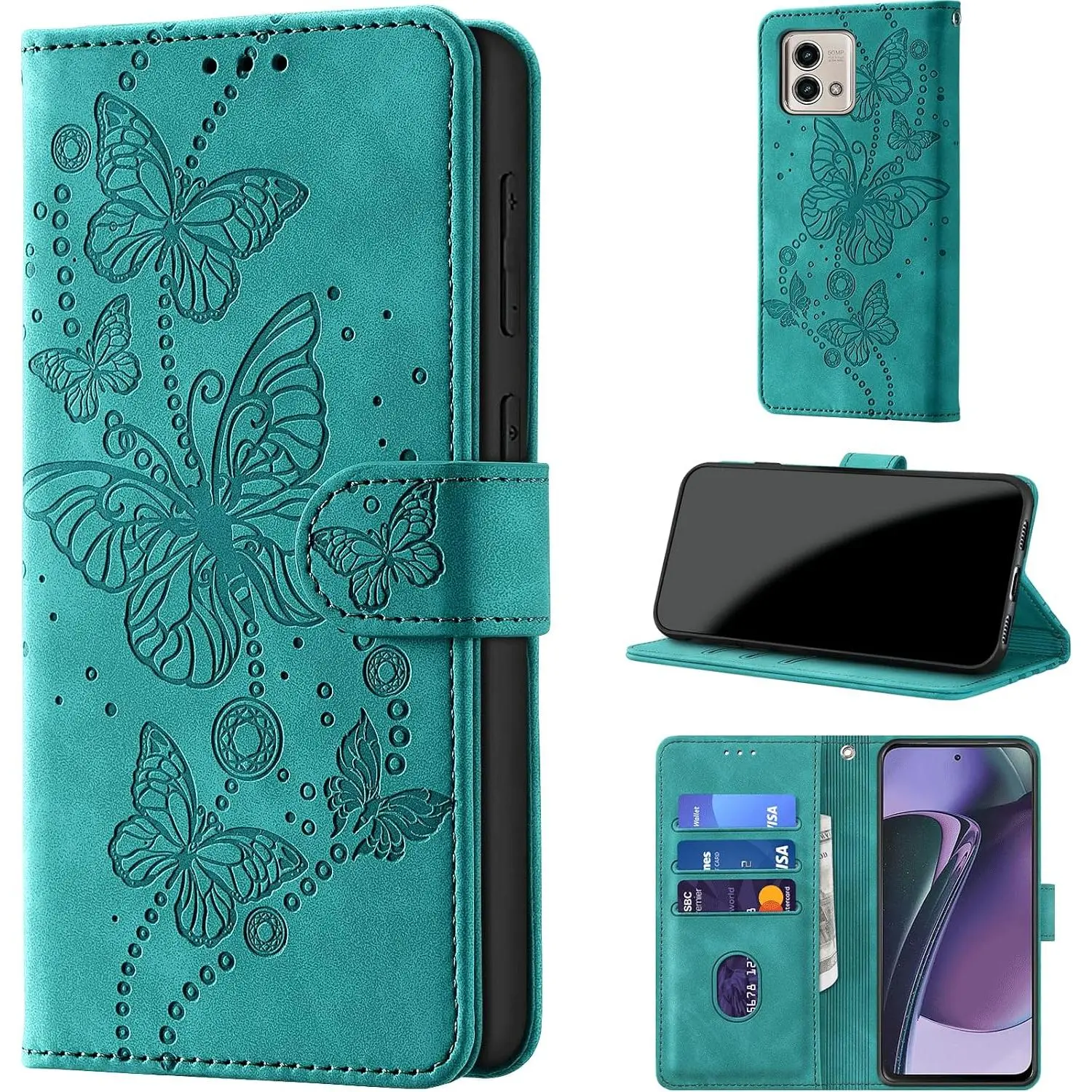 Turquoise Synthetic RFID Blocking Protective Case Cover for G Stylus 5G 2023 - 3-Card Holder Stand, Shockproof TPU Shell, PU Leather Closure, Lanyard Compatible, 6.6 in Wallet Accessory, Devices