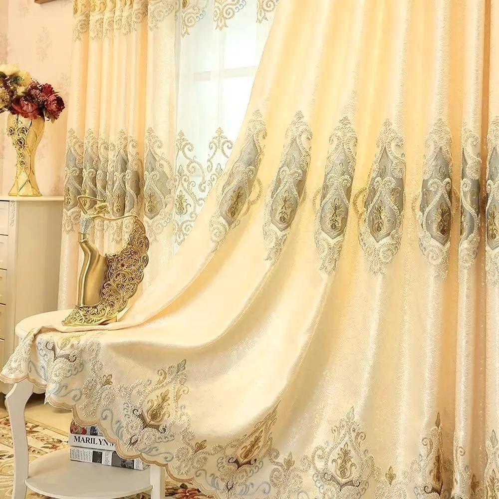 1 Pair European Style Living Room Curtains Room Darkening Gold Luxury Curtains (Cloth, 2 x 52 inches by 84 inches)