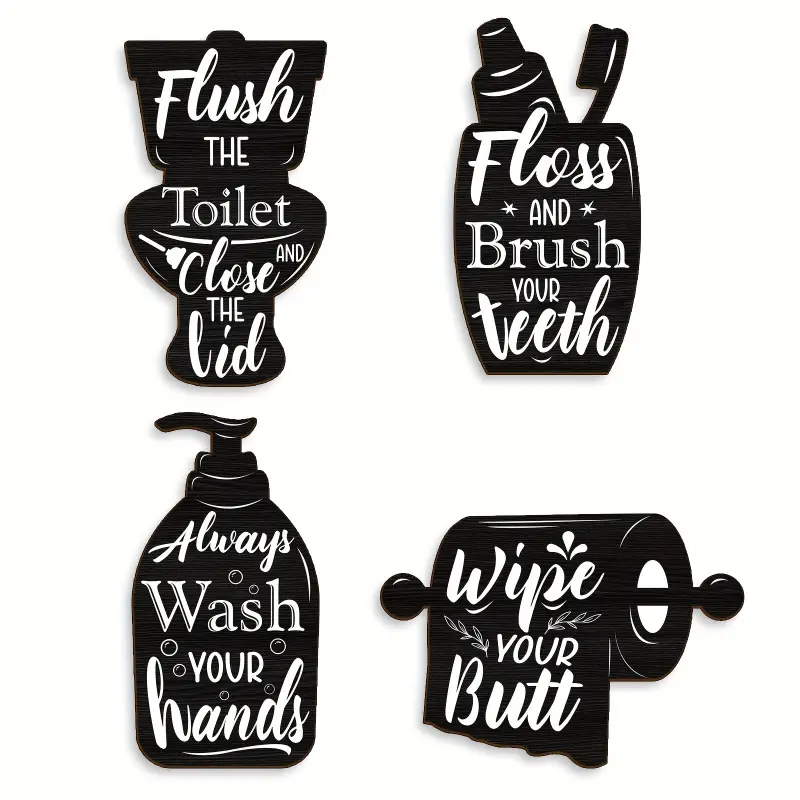 2D Flat - 2D Plane Bathroom Wooden Washing Brush Logo Set of 4, Black And White Bathroom Decoration, Decorative Artwork, Suitable for Retro Creative Wall Art for Home/Laundry Room