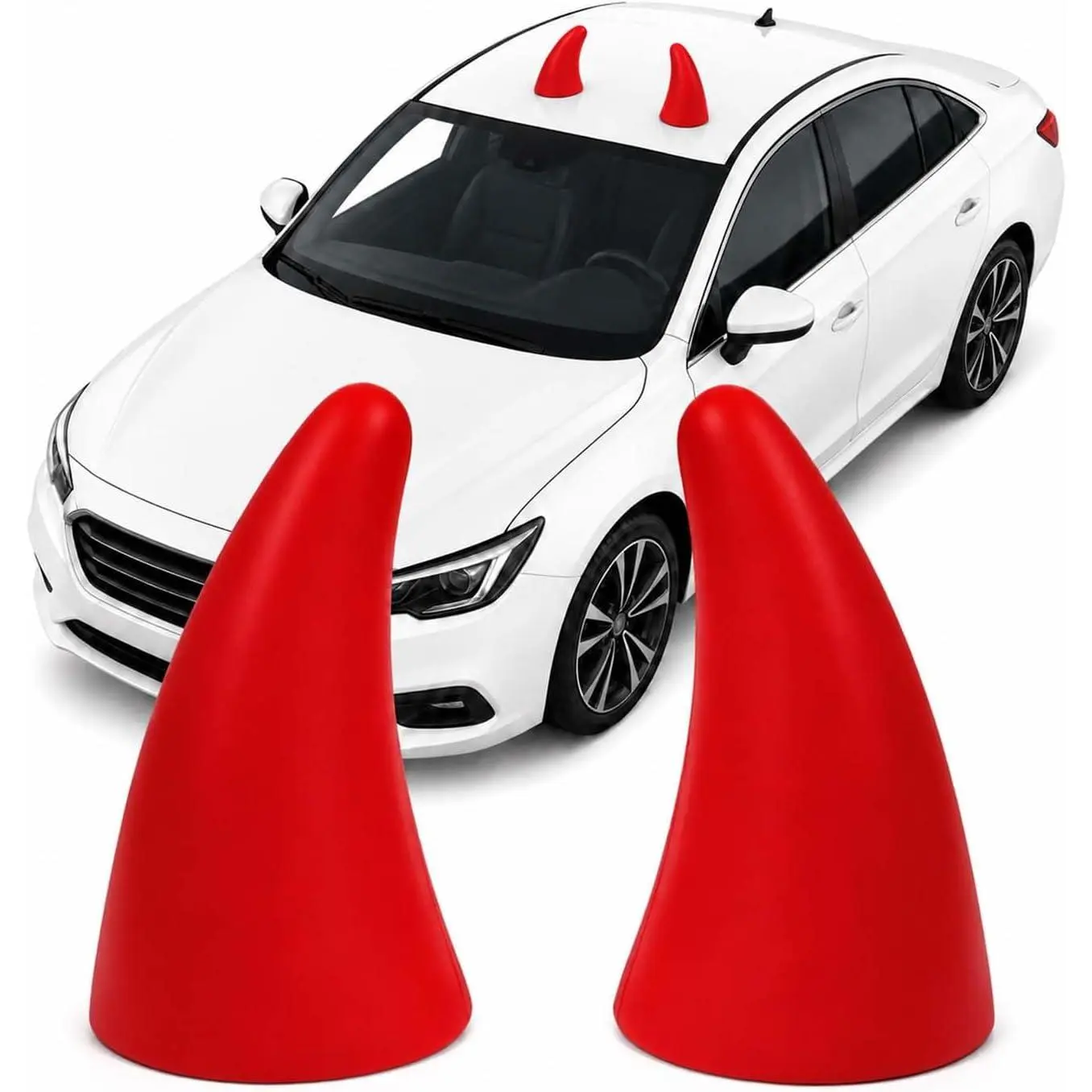 Playful 3D Devil Horns + Antennas Car Decal Set, Red Polyurethane Anti-Collision Protectors, 4.5" x 2.8" Exterior Decor for Cars/SUVs (Halloween Use)
