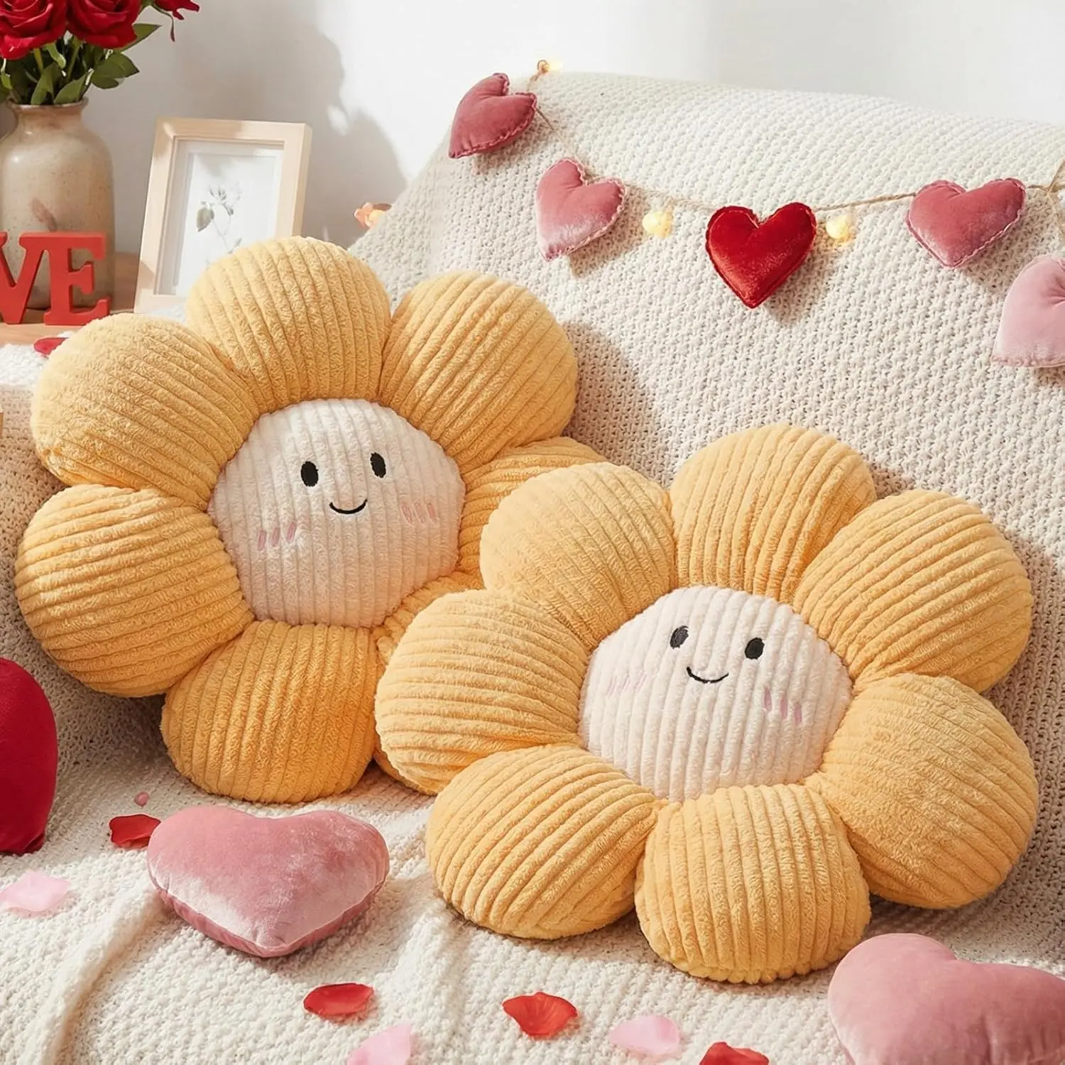2 Pcs Smile Face Flower Pillows 15" Yellow Flower Throw Pillows Decorative Seating Cushion Cute Seat Cushion for Bed Sofa Couch Home Decor Bedroom Living Room Chair