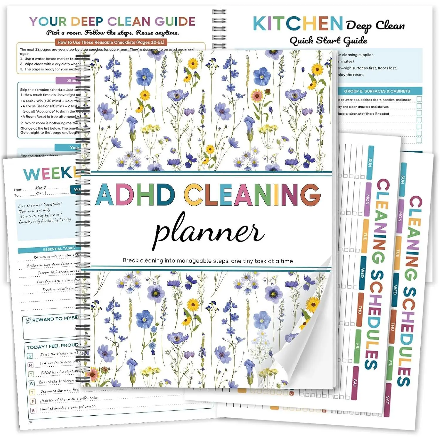 Cleaning Planner, Floral Cleaning Schedule & Checklist for Adults | Break chores into small wins,  laminated pages, PVC storage pocket, daily, weekly, monthly & yearly planning