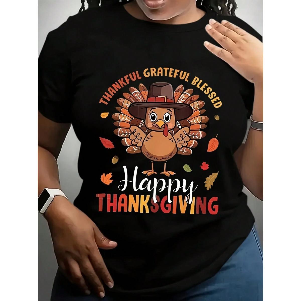 Women'S Plus Size Thanksgiving Graphic T-Shirt - Happy Thanksgiving Print With Pumpkins, Casual Short Sleeve Round Neck Top Fashion Print Women'S T-Shirt  Fabric Double Lining Cotton  On Golf Gift T-Shirt For Men And Women