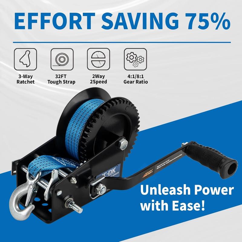 3500lbs Heavy Duty Boat Trailer Winch with 32FT Strap2-Way Ratchet 4:1/8:1 Gear Trailer WinchPortable Hand Crank Winch for Boat, , Trailer, RV, ATV, Jet Ski