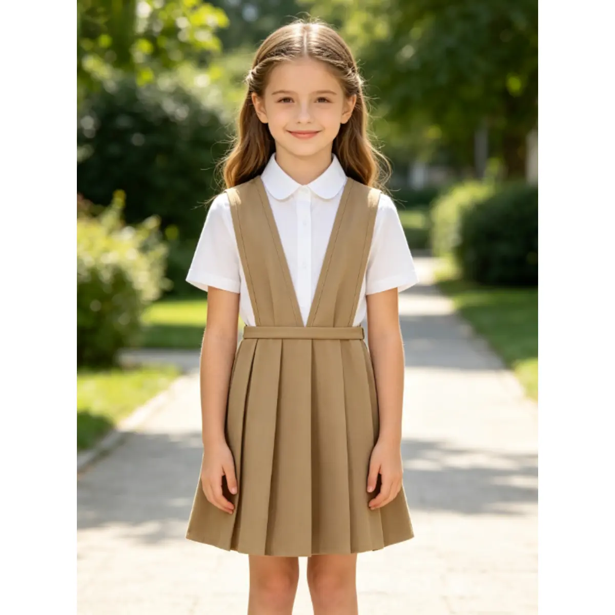 Back to School Season, Girls' Button-Front Pinafore Pleated Dress, Girls' Elastic Waist A-Line Navy Pinafore Skirt with Adjustable Straps And Side Pockets, Preppy School Uniform Dress for Campus Outings (Bust Size Is Net Bust Size