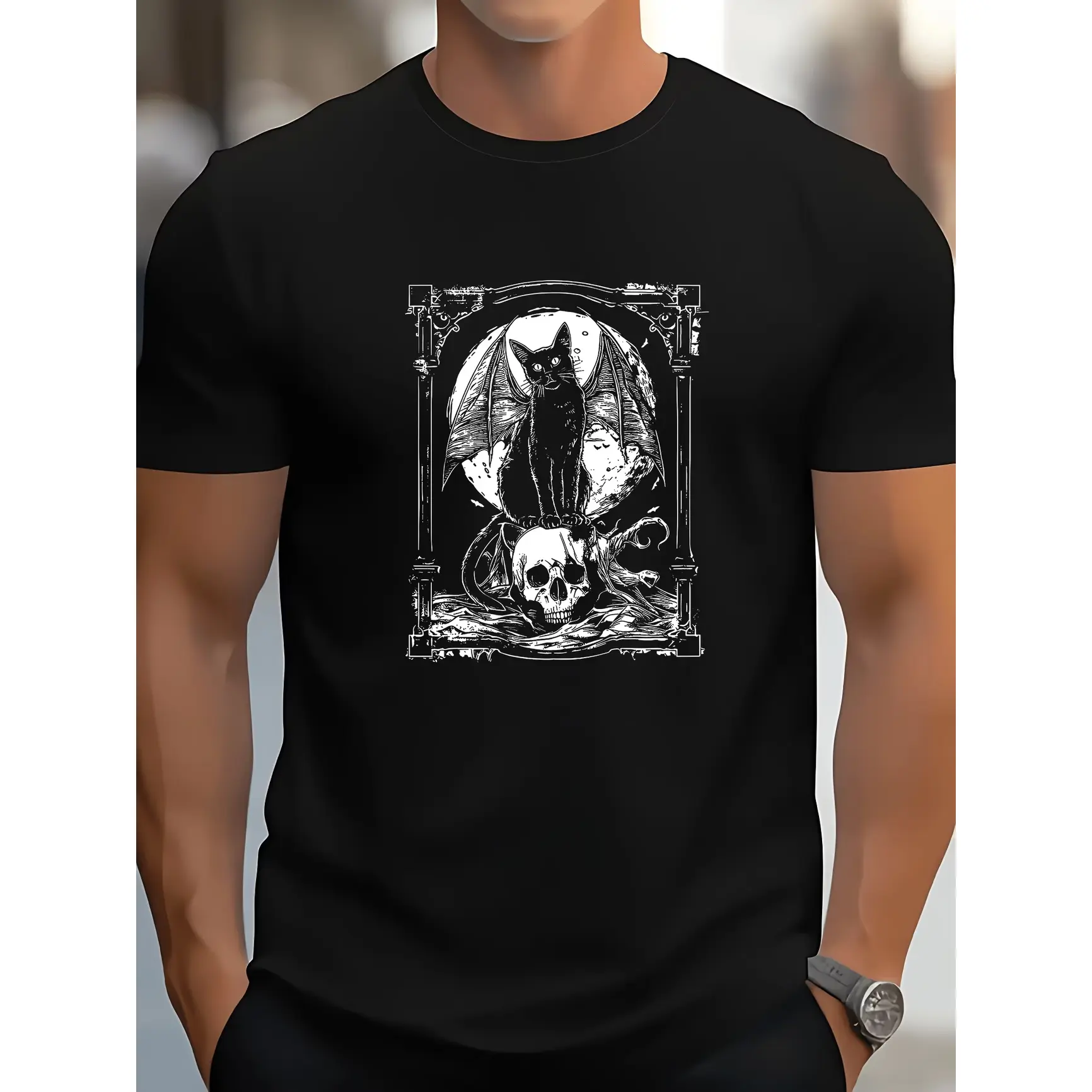 Men's Bat Wing Cat Skull Gothic Graphic Oversized Cotton Short-Sleeve T-Shirt - Aesthetic, Casual, Streetwear Punk Grunge Outfit, XS-5XL Plus Size Dark Fantasy Tee for Concert, Halloween Costumes, Valentine Gift for Lovers