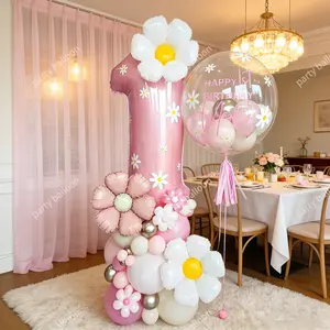 42-Piece Number Daisy Column Balloons Set, DIY Party Decor, Includes 32-Inch Alum Foil Balloon, Latex Balloons, Perfect for Birthdays & Events