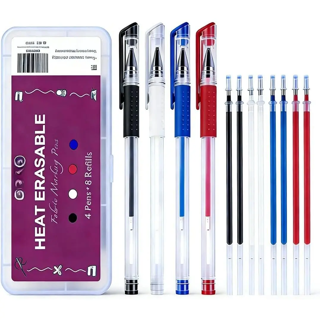 Heat Erasable Fabric Marking Pens 4 Pens + 8 Refills, No  Lines,Disappearing Ink Precision Fabric Markers for Sewing Quilting Embroidery Dressmaking