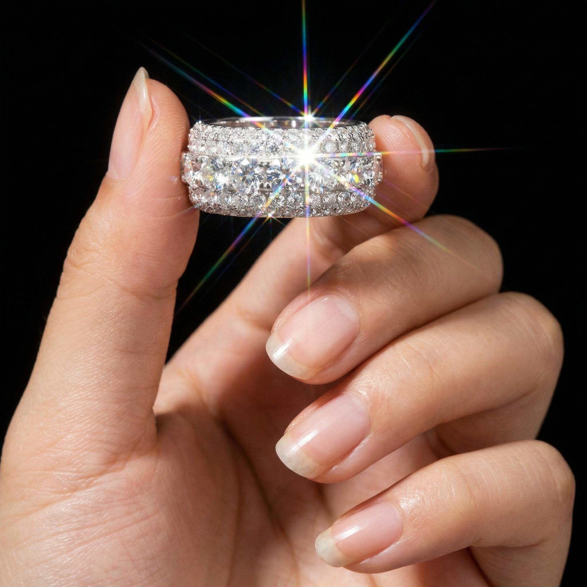 Moissanite Ring for Women - Triple Row Pave Setting D Color VVS1 Clarity 9.25 Hardness Lab Grown Diamond Alternative Engagement Wedding Band