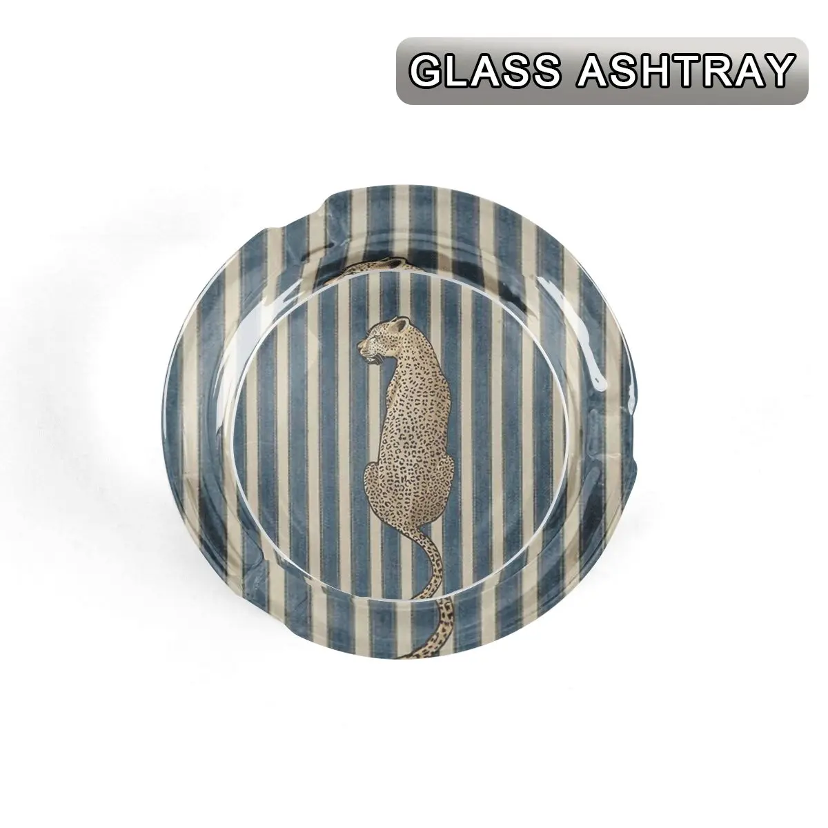 Round Glass Ashtray, Vintage Blue Stripe Leopard Print Decorative Ornaments Cigarette Ash Tray with 3 Cigarette Slots, Anti-Slip Base Desktop Ash Holder for Home Bar Patio Indoor Outdoor, Novelty Smokers Gift for Men