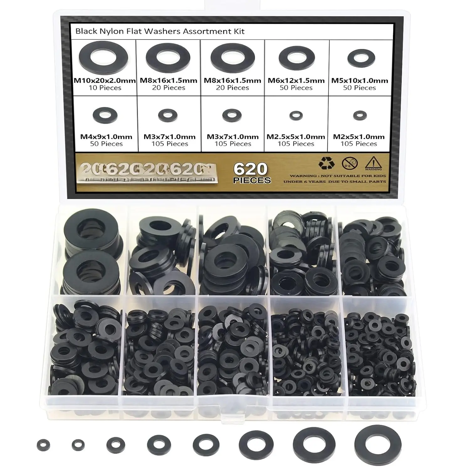 620 count Nylon Flat Washers,  8 Sizes Plastic Washers, Black Nylon Washers  Kit (M2 M2.5 M3 M4 M5 M6 M8 M10)
