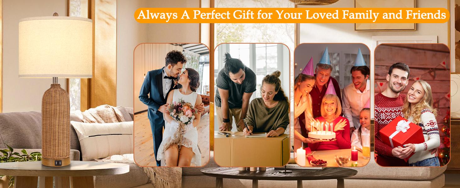 Set of 2 Rattan Table Lamps with 2 USB Ports, 29'' Tall Farmhouse Lamp for Living Room, Bedroom, Office, Vintage Brown Desk Nightstand Lamps with Oatmeal Fabric Linen Shade, Large Size