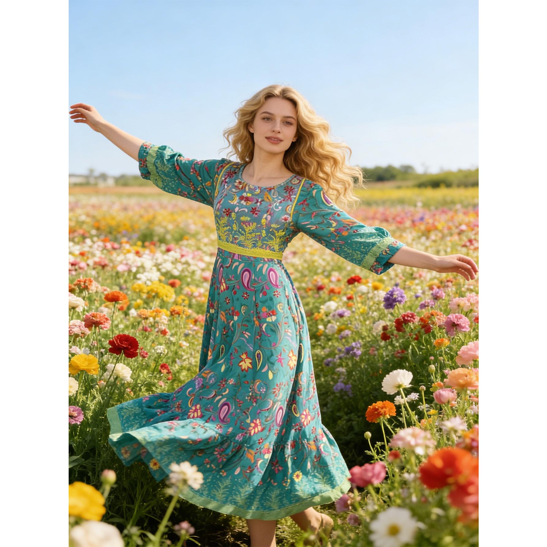 Vibrant Teal Boho Paisley Maxi Dress Elegant Floral Lantern Sleeve Gown | Size Inclusive S-XL | Perfect for Beach Vacation, Festival & Wedding Guest