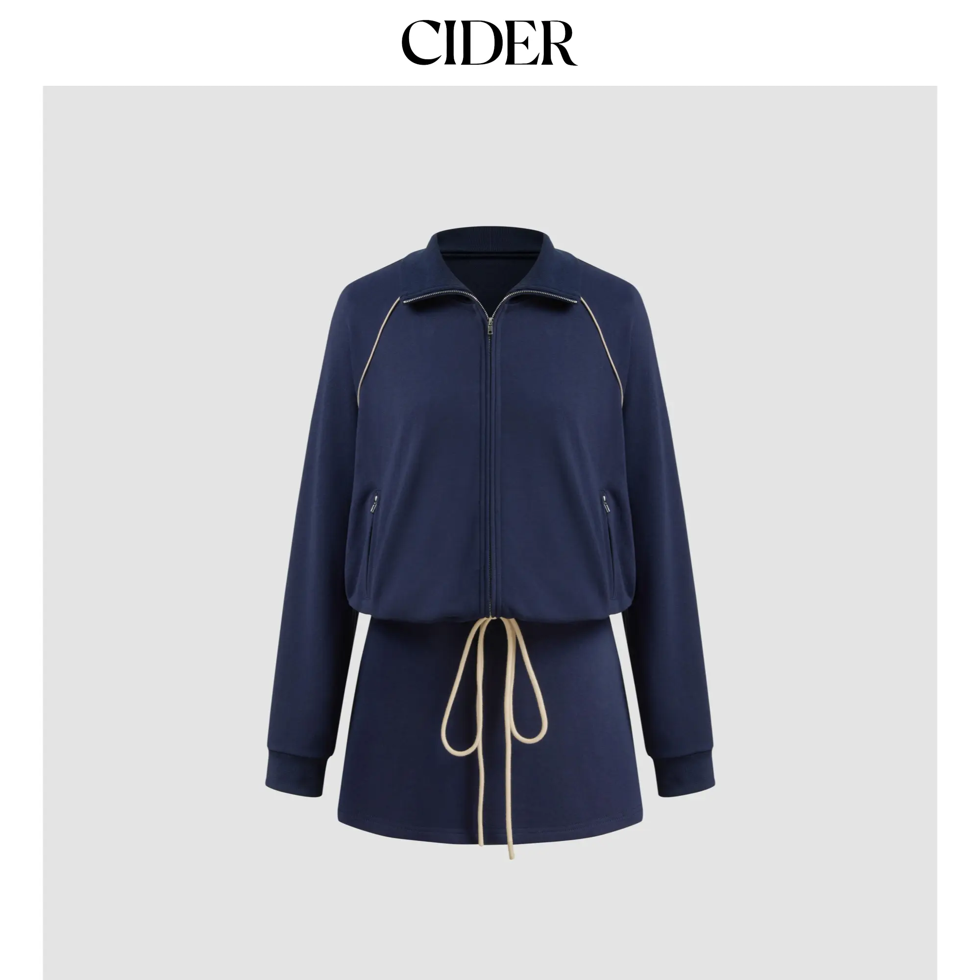 Cider [size 2-10]  High Neck Solid Zipper Sweatshirt & Mid Rise Contrasting Binding Knotted Mini Skirt Set