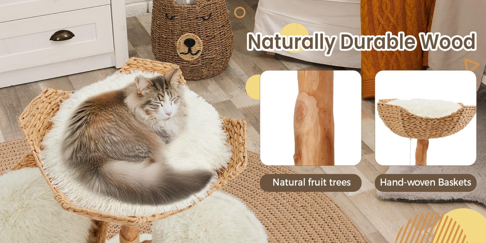 Natural Wood Tall Cat Tower - White Multi-level Design with Hand-woven Baskets & Cat Condo, Perfect for Indoor Cats