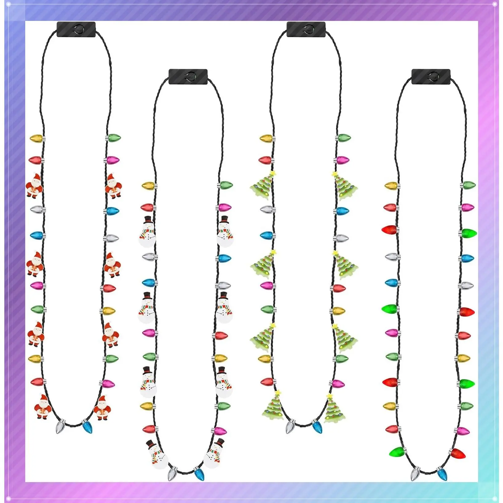 4 Pack Christmas Light-Up Necklaces, Glowing Bulb Pendants - Christmas Tree, Santa, Candy Cane, Snowman, 3 Modes Colorful Flashing Party Favors for Ugly Sweater New Year Eve AccessoriesGift