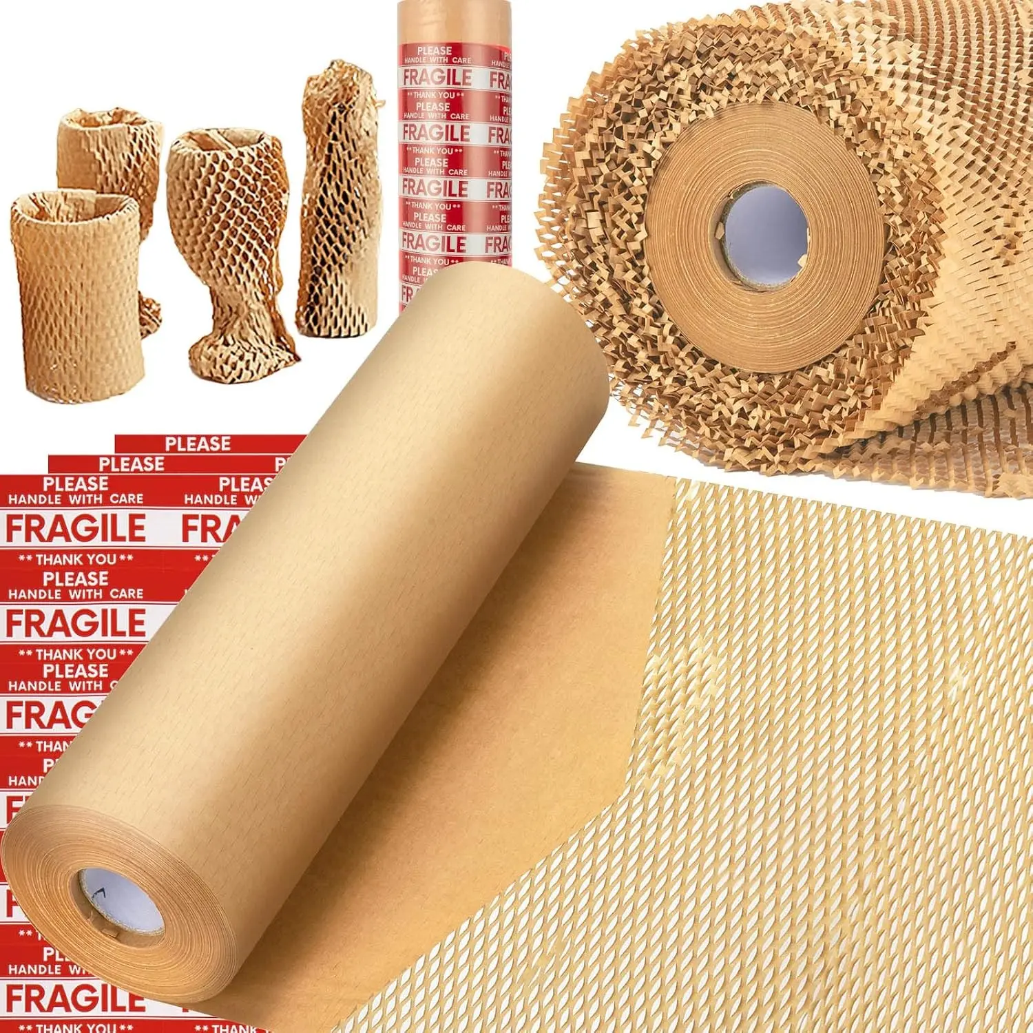 15" x 230' Eco Friendly Recyclable Honeycomb Packing Paper for Moving - Protective Bubble Paper Wrap Roll with 36 Fragile Sticker Labels