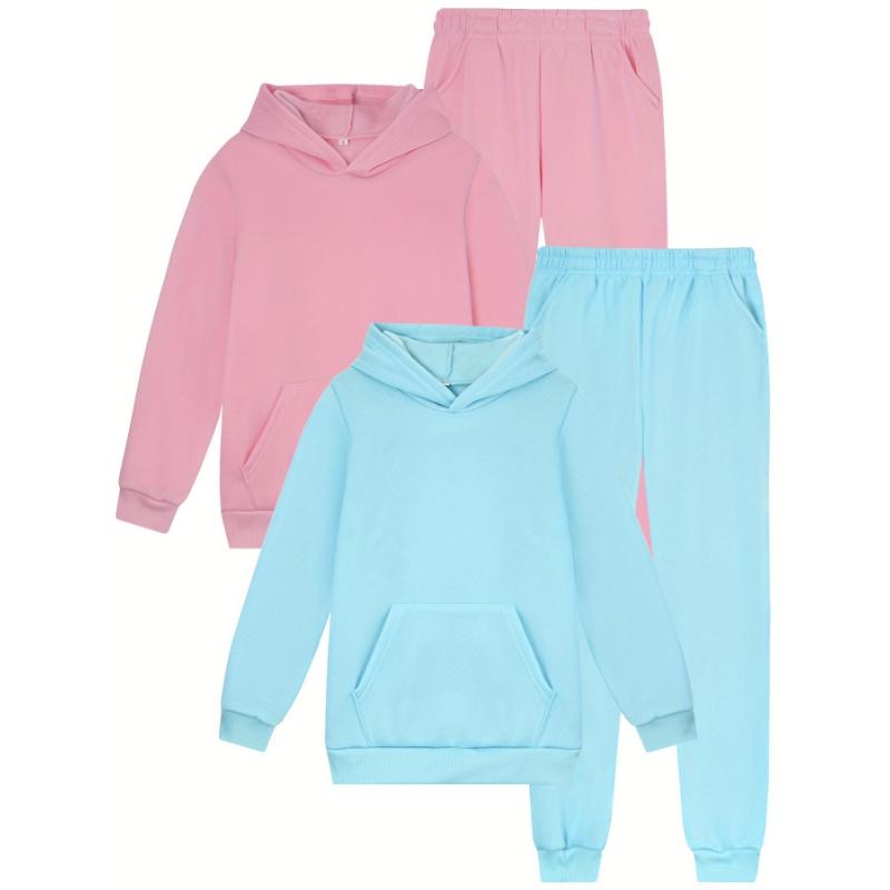 Casual Hooded Sweatsuit Set - 2 Pack Polyester Solid Color Sportswear with Pockets, Slight Stretch, Regular Fit Fall/Winter Apparel Over 3 Years Old - Comfortable Knit Jogger and Sweatshirt Combo, Outdoor