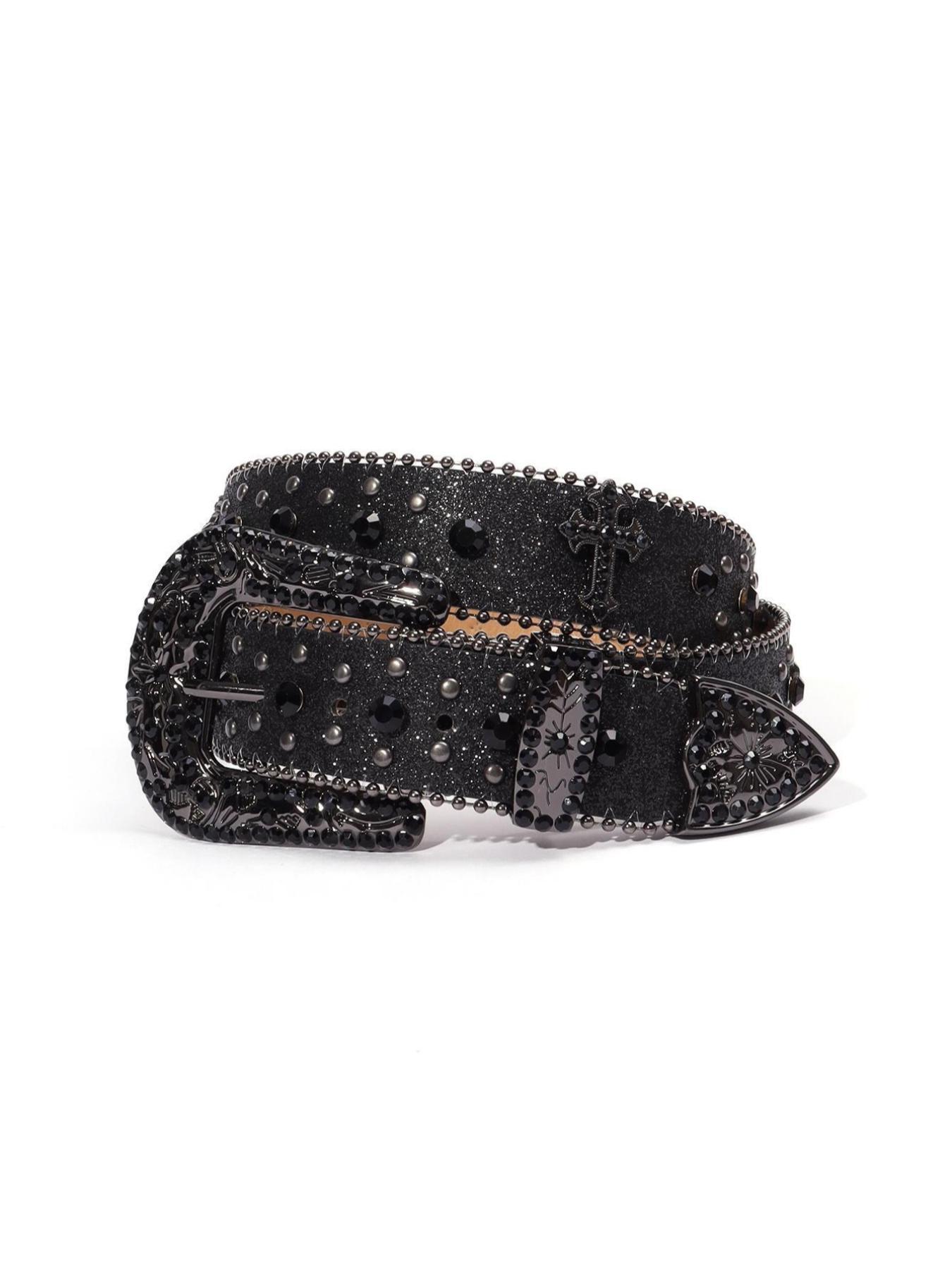 Punk Style Rhinestone Decorated PU Belt with Buckle, Fashion Cross Belt for Party, Daily Clothing Decor, Trendy Versatile & Exquisite Belt for Birthday Gift