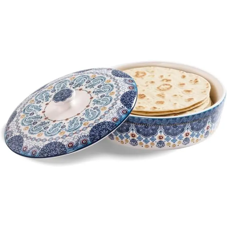 Blue Talavera Ceramic Tortilla Warmer, 8.9 Inch Tortilla Holder with Lid for Taco Bread Pancake for Mexican Night and Party, Microwave and Dishwasher Safe