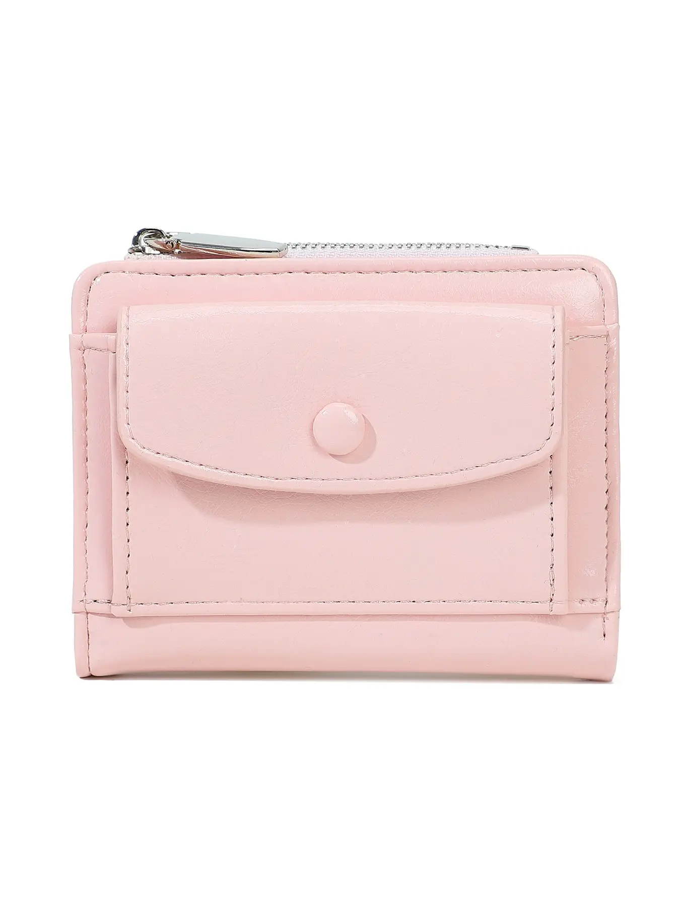 Women's Small Foldable PU Leather Wallet, Compact Design with Short Press Button, Zipper Coin Pocket, Multiple Card Slots, Daily Use