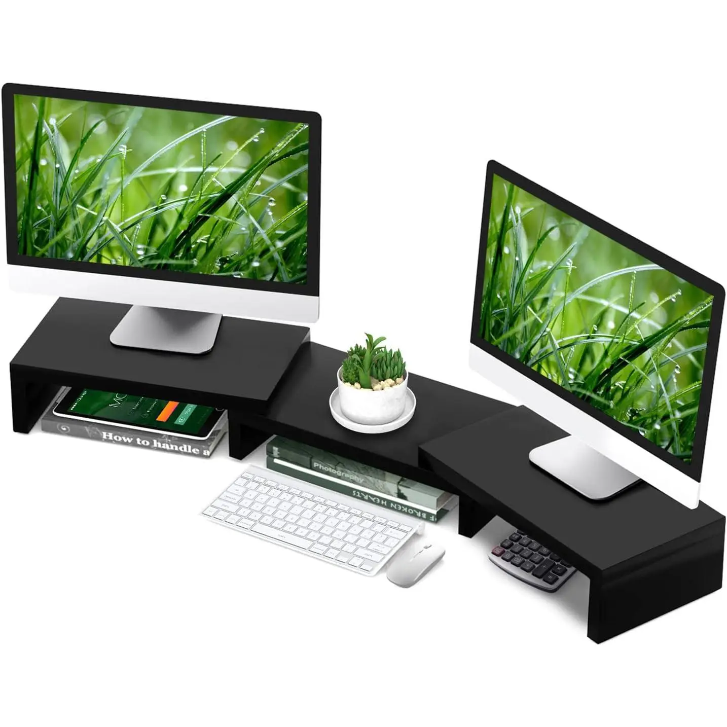 Stand Riser, Office Desktop Organizer Stand for 2 Monitors | Adjustable Length and Angle 3 Shelf, Extra Long Multifunctional Wooden Stand up to 43.3" fit , Laptop, TV, Black