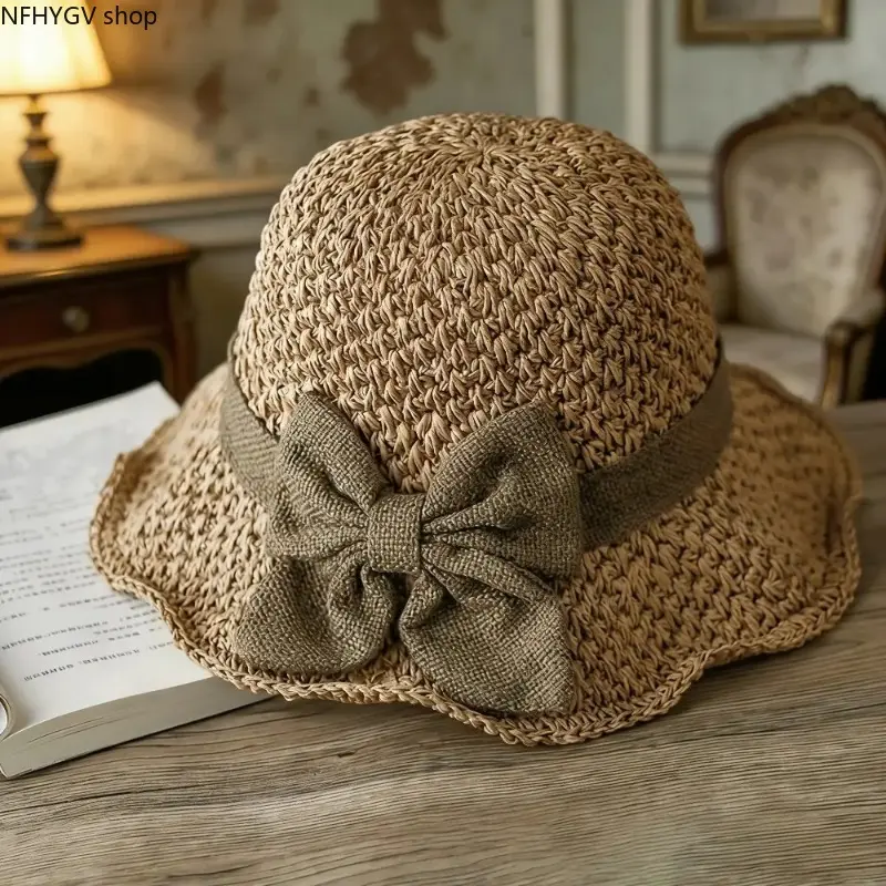 Women’s Daily Outdoor Headwear Straw Sun Hat, Elegant Handmade Retro Stitched Foldable Cap With Ultra Lightweight Texture, All-Season Stylish Portable Accessory For Female Wearers, Versatile Gear For Leisure Travel Trips, Seaside Beach Outings